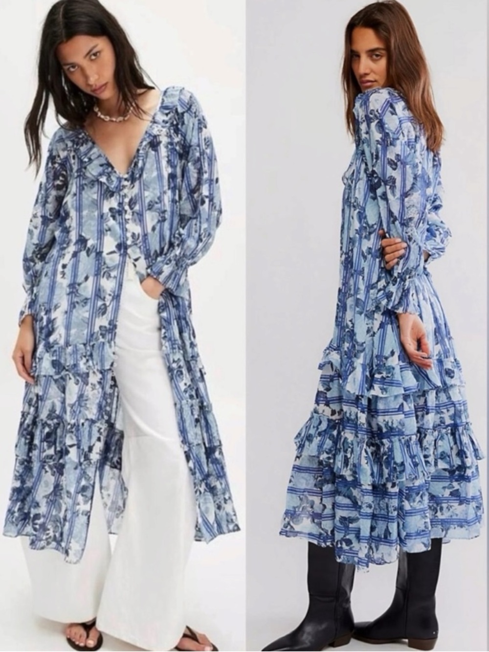 Free People Dainty Ruffle Cottage Garden Wonders Maxi Dress Blue Combo Medium